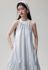 Green and purple plaid wrinkled skirt bow halter dress